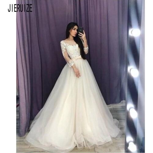 JIERUIZE Newest Long Sleeve Wedding Dresses A Line Scoop Neck Lace Appliques Button Back Bow Sashes Bridal Gowns robe de mariee