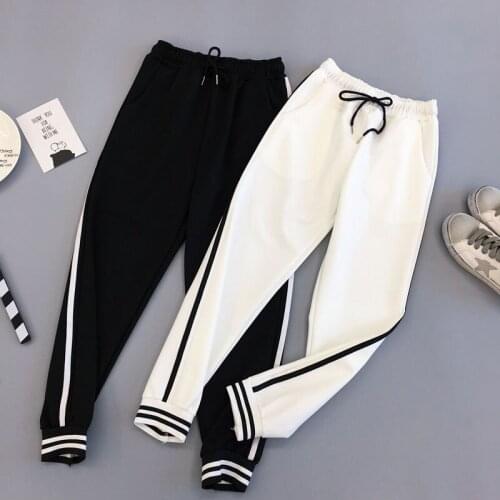 New fashion women lacing drawstring elastic waist black white color block loose sports casual long pants trousers M L XL