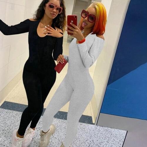Solid Bodycon Women Long Jumpsuits Skinny Autumn Spring Long Sleeve Workout Overalls Sportswear Fashion Bare Shoulder Rompers