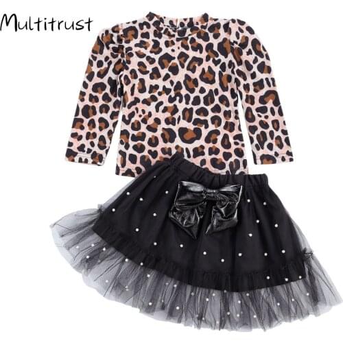 1-6Y Toddler Kids Baby Girls Clothes Sets Spring Autumn Girl Leopard Print T-shirts Tops+Bowknot Pearl Tulle Tutu Skirts Outfits