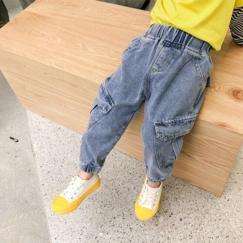2 3 4 5 6 Year Baby Toddler Girls Jeans 2021 New Spring Summer Kids Denim Pants for Boys Big Pockets Children Cargo Trousers