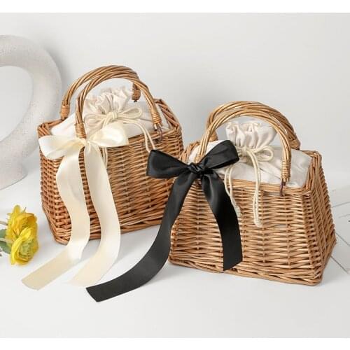 Casual Bow Rattan Women Handbags Beading Chains Wicker Woven Shoulder Crossbody Bags Handmade Summer Beach Straw Bucket Purses