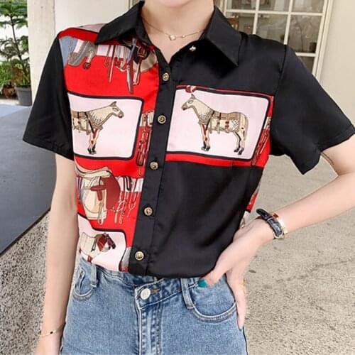 Black Shirts for Women Turn-down Collar Solid Female animal horse print Shirts Plus Size Office Ladies OL Tops Summer Blouses