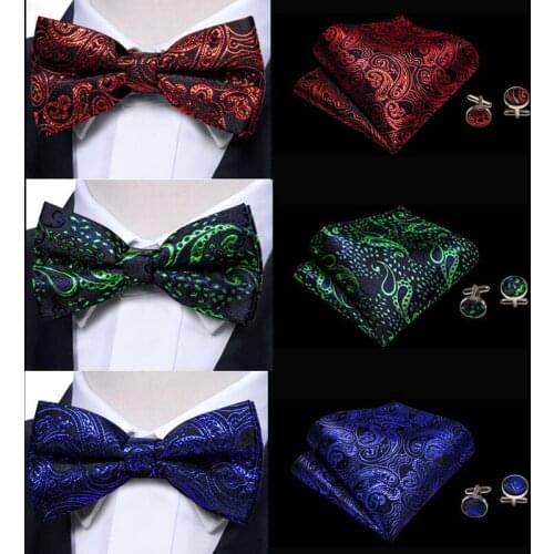 Blue Bowtie Paisley Silk Tie for Wedding Groom Pre-Tied Luxury Bow Tie Male Bows Set Cufflinks Handkerchief Gift Barry.Wang