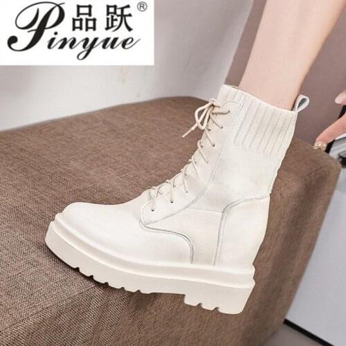 Comfortable Rubber Platform Boots Knitting socks boots Round Toe PU Ankle Boots for Women Casual Lace-up Shoes Woman Boots