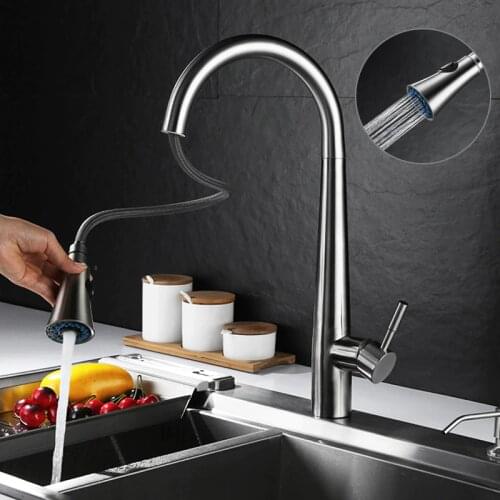 Pull out kitchen sink faucet two water out mode stainless steel brushed kitchen mixer faucet rotation single handle water tap