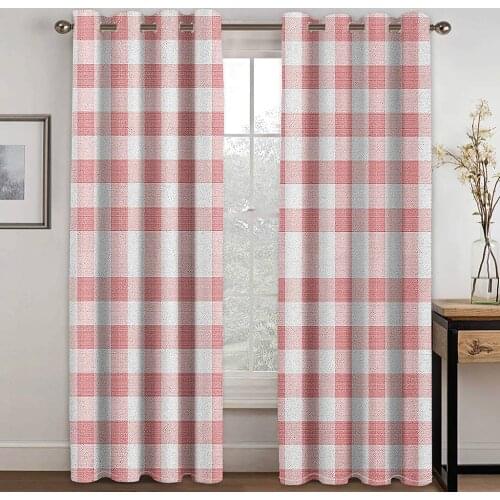 Living Room Shading 90% Decorative Curtain Beige Pink Checkered Pattern Home Textile Decoration Bedroom Grommet Curtains