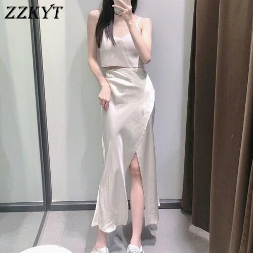 ZZKYT 2021 Women Summer Fashion Solid Split Silk Satin Midi Skirt Vintage High Waist Ladies Skirts Casual Chic Vestidos Mujer