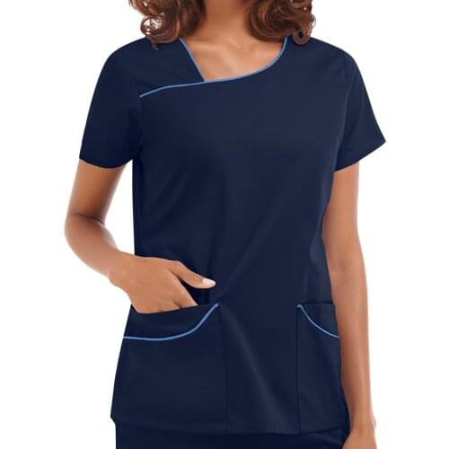 Womens Workwear Solid Color Scrub Tops Short Sleeve V-neck Pocket Care Workers T-shirt Tops Pocket Scrub Nurse Uniforms 2021
