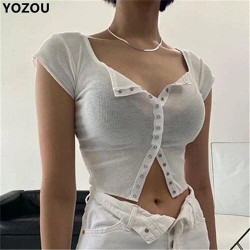 Women ribbed summer solid single breasted button up sexy purple white green black short sleeve tee tshirt crop top cropped tee