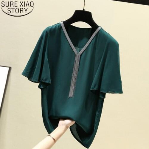 Women Blouses Summer V-neck Flare Short Sleeve Chiffon Shirt for Women Blusas Mujer De Moda 2021 Womens Clothing Tops 9984