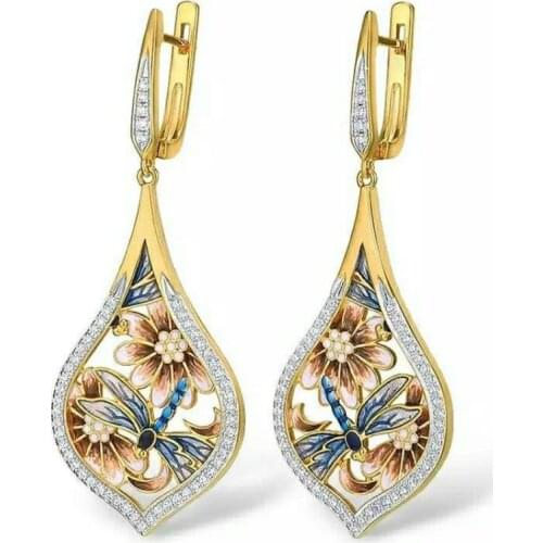 2020 Luxury Gold Color Bohemia Dangle Earrings for Women Dragonfly Flower Enamel English Clasp Drop Earrings Ear Jewelry Boho