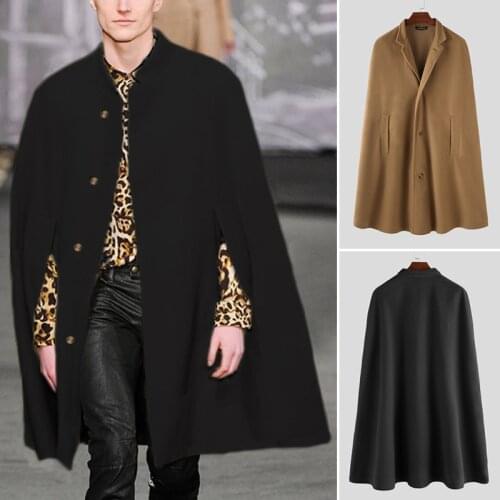 INCERUN Winter Fashion Men Cloak Coats Solid Streetwear Faux Blends Fleece Overcoat Stand Collar Trench Casual Jackets Cape 2021