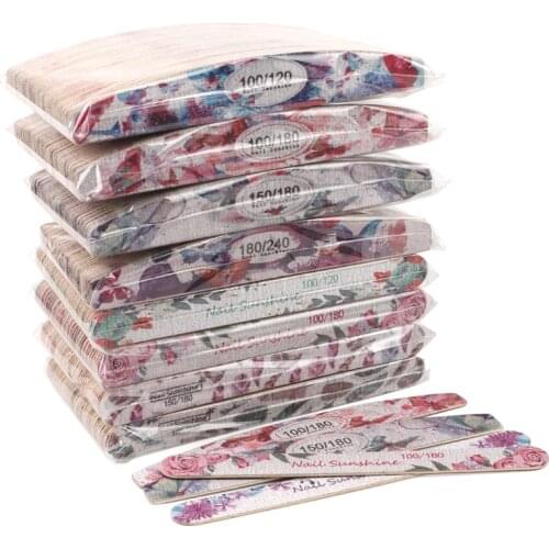 10 Pcs Flower Printed Wood Nail File Wooden Sanding Buffers 100/150/180/240 Washable Thick Stick Emery Board Files For Manicure