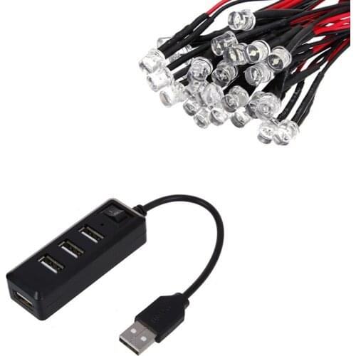 1x USB 2.0 4 Ports High Super Speed Hub on Off Switch LED & 10x 20CM 12V Wired for Light Emitting Diode Wiring LED