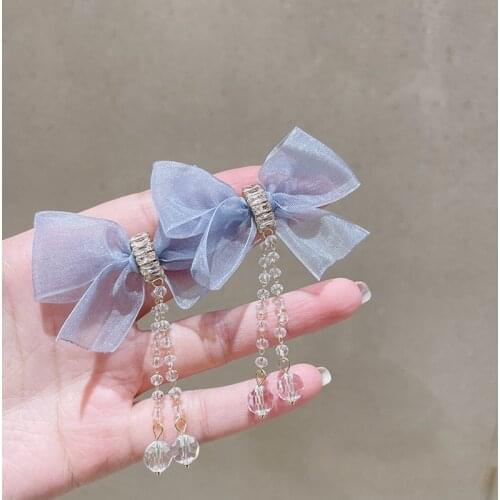 2021 New Chiffon Bowknot Temperament Shiny Crystal Drop Earrings Long Atmosphere Hyperbole Style Modelling Women Earrings