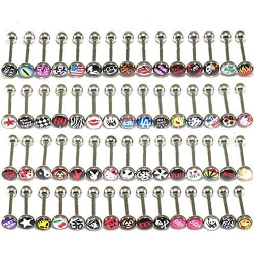 30PCS Fashion Women Body Jewelry Tongue Piercings 316L Stainless Steel Mix Logos Barbell Tongue Ring Piercing Jewelry T0004