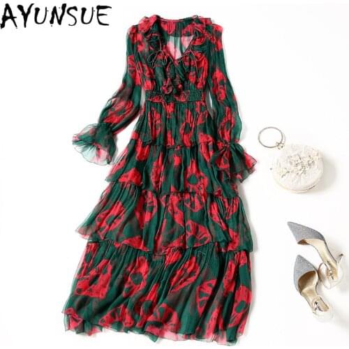 AYUNSUE 100% Real Silk Dress Woman Spring Summer Floral Long Dresses for Women Elegant Long Sleeve Party Dress 2021 Korean
