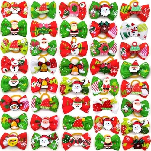 Dog Bows Pet Dog Grooming Accessories Products Handmade Christmas Small Dog Hair Bows Rubber Band Cat Hair Clips Boutique