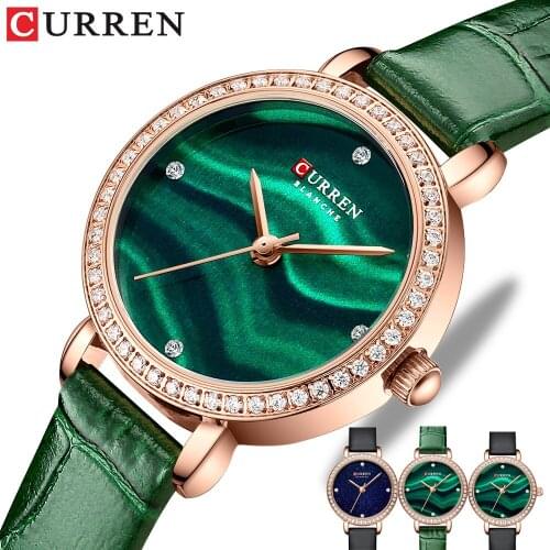 CURREN Luxury Brand Women Watch Ladies Rhinestone Quartz Wristwatches Womens Charming Wrist with Thin Watch Leahter Clock Female