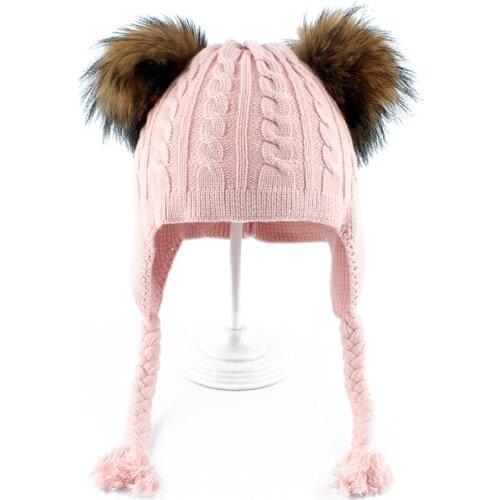 1-5 years Baby Winter Hat Double Fur Pom pom Hats For Kids Twist Knitted Wool Hat Bonnet Boys Girls Beanie Cap With Ears