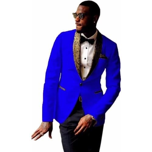 JELTONEWIN Newest Men Suits 2 Pieces Fashion Royal Blue Wedding Suits For Men Custom Gold Floral Shawl Lapel Groom Tuxedo Blazer