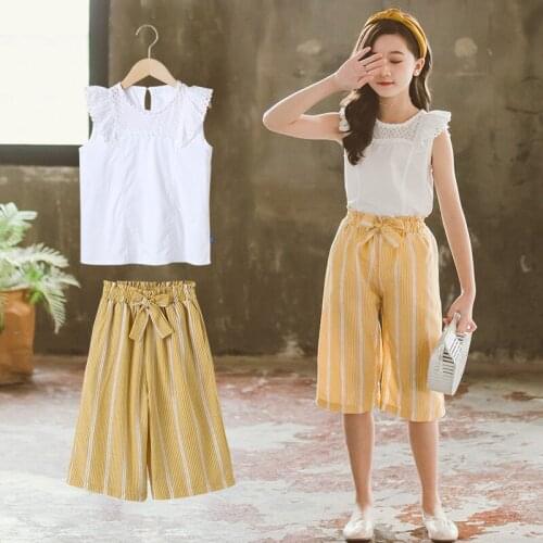 Summer 4-12 Yrs Girls Clothes Suit Kids Girl Clothes Teen Outfit Sleeveless Lace T-shirt Tops Wide Leg Pants 2Pcs Set Clothing