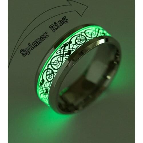 Fashion Luminous Gold Plated Golden Dragon Inlaid Green Background Fashion Mens Fluorescent Luminous Rotating Ring Party Gifts