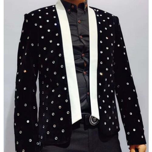 2020 Velvet Large Diamond Collarless Suit Shining Performance Suit Anchor Catwalk Jacket Club Party Blazer Men Stage Suit Jacket