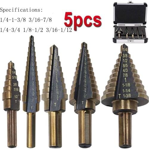 5Pcs English Ladder Drill Bit Set High Dpeed Aluminum Boxed Stepped Drill Steel Triangular Shank Steel Step Drill Bit