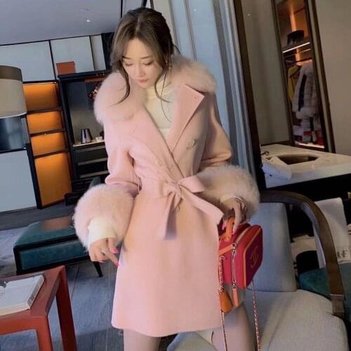 New Styles Womens Real Fox Fur Collar Wool Coat Fashion Cashmere Winter Overcoats Top Quality Long Fur Jackets S7893