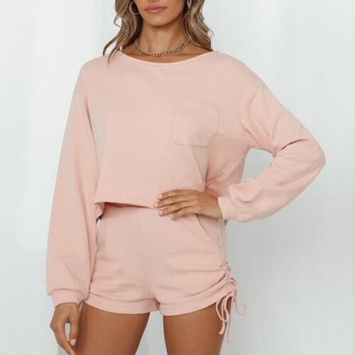 Casual Women Two Piece Outfit Tracksuit Long Sleeve Crop Tops Shorts SweatSuit Loungewear Solid 2 Piece Matching Set