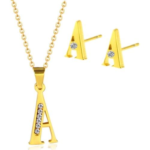 Simple and fashionable letter A diamond-studded titanium steel jewelry set earrings necklace gold-plated childrens letter earri