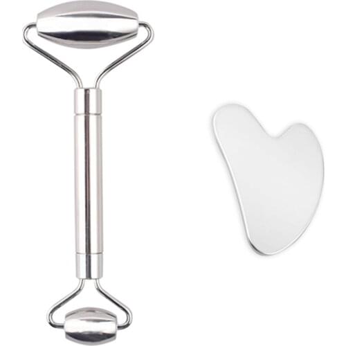 Stainless Steel Facial Roller Gua Sha Tool Set Face Care Massage Crystal Jade Rose Quartz Health Anti Wrinkle Cellulite Massager