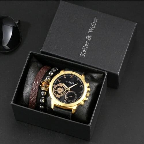 Luxurious Golden Watch Bracelet Gift Set Quartz Digital Men Watches 7 Holes Leather Strap Elastic Bracelets Present for Husband