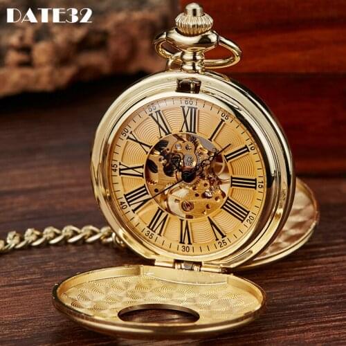 Luxury Golden Mechanical Pocket Watch Skeleton Roman Numerals Dial Dual Side Open Gold Case Fob Chain Clock for Men Dropshipping