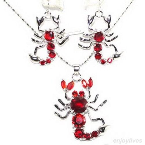 Prett Lovely Womens Wedding Red Pink Blue Black Cubic Zirconia Crystal Scorpion Pendant Earrings & Necklace 5.27