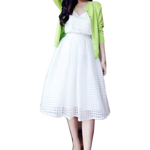 Vintage Sexy Tulle Skirt Women Casual A- line High Waist Mid-Length Pleated Skirts Female Sweet Long Skirt Plus Size XS-3XL