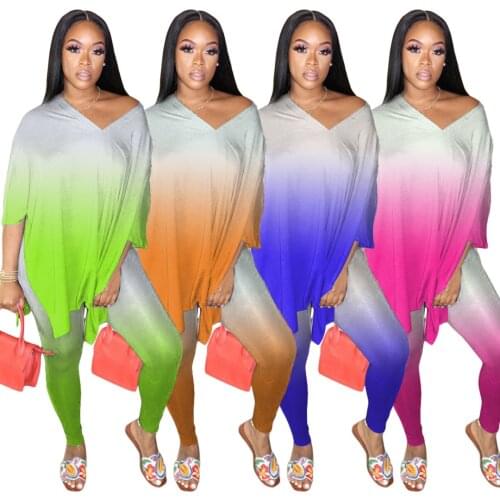 Sport Gradient Print Women Set Two Pieces Set Tracksuit V-neck Crop Top Pencil Jogger Sweatpant Suit Outfit Matching Set