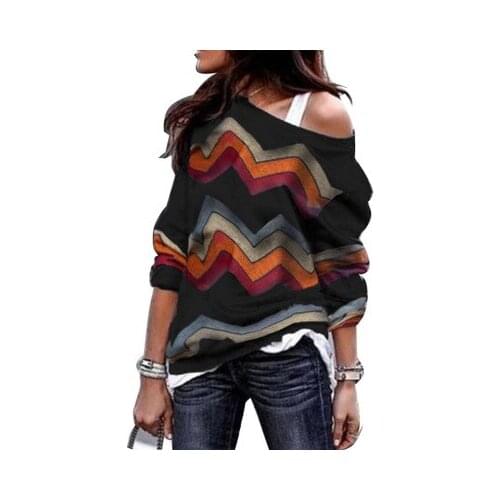 2021Women Blouses Off Shoulder Tops Striped Print Pullover Jumper Casual Knitted Top Long Sleeve Blouse Shirt Camiseta Mujer
