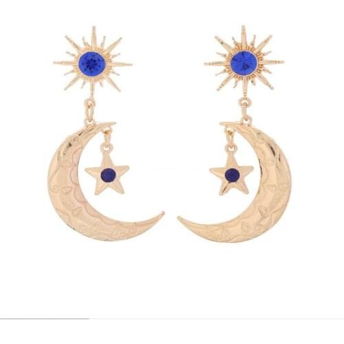 Womens Fashion Delicate Star Moon Earring Blue Rhinestones Baroque Drop Earrings Lady Party Dance Jewelry Earrings