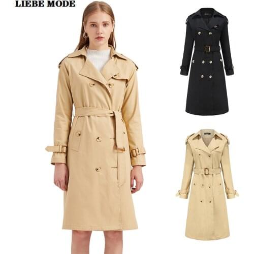 Women Black Khaki Long Trench Coat with Sashes Double Breasted Office Ladies Turn Down Windbreaker Button Korean Slim Outwear