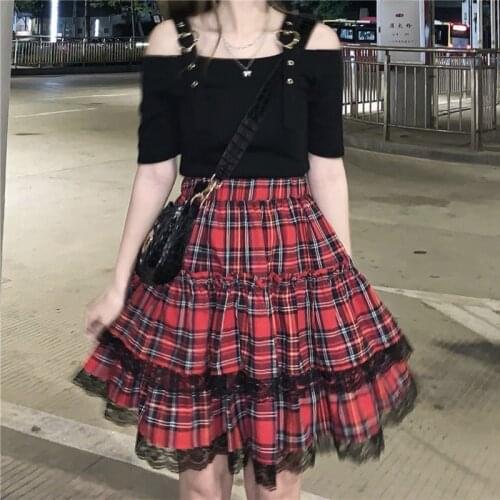 Japanese Summer Women Lolita 2Pcs Set Black Heart Straps Crop Top+Red Plaid Lace Ruffles Tiered Skirt Kawaii Gothic Punk Outfits