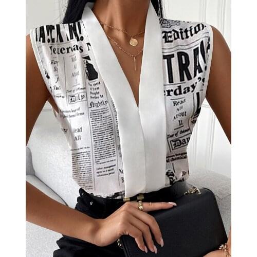 Chicme Office Ladies Newspaper Print V-Neck Sleeveless Chiffon Tank Top Women 2021 Sexy Summer Chic Daily Veat Cami