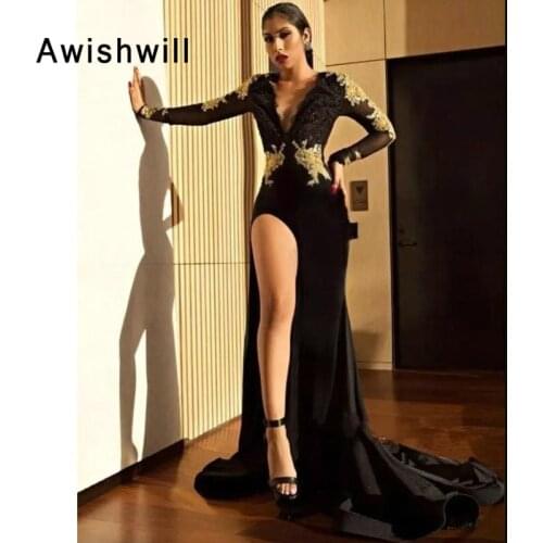 Fashion Long Sleeves Mermaid Prom Dress Appliques Lace Sexy Backless V-Neck High Slit Evening Dress African Formal Gowns