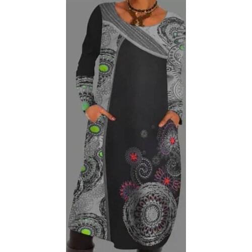 40# Vintage Dresses Women Pocket Oversized Print Daily Casual Long Sleeve O-neck Mini High-waist Dress Vestidos Longos De Verao