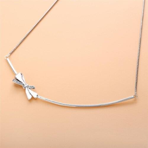 2021 100% 925 Sterling Silver Classic Sparkling Bow pan Necklace Women Charm Fashion Personality Jewelr