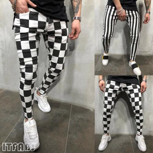 2020 Mens Slim Pants Tights Fitness Fashion Slim Comfortable Striped Plaid Black White Casual Pencil Pants Men Clothes