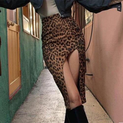 Women Sexy Front Split Skirt High Waist A-Line Slim Midi Long Skirt Vintage Leopard Print Knee Length Package Hip Party Clubwear