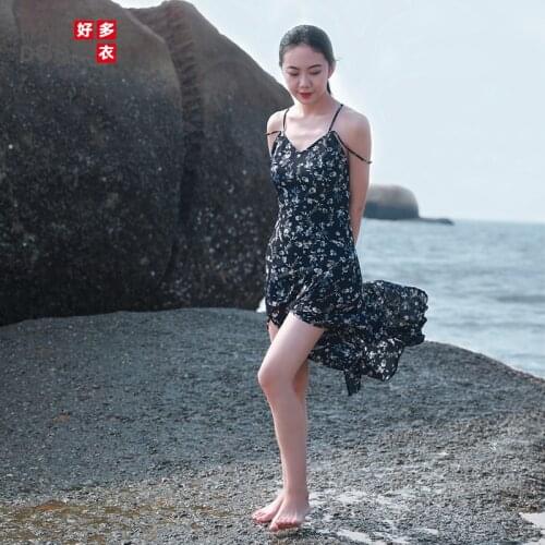 French Floral Dress Dark Blue Sexy Suspender Mid Length Platycodon Dress